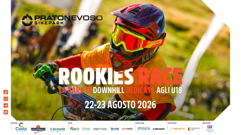 Locandina Rookies Race, gara di downhill Under 18 del 22 e 23 agosto 2026, con i loghi dei partner