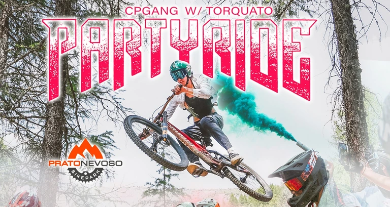 Locandina Partyride: CPGANG con Torquato Testa, rider in salto nel bosco