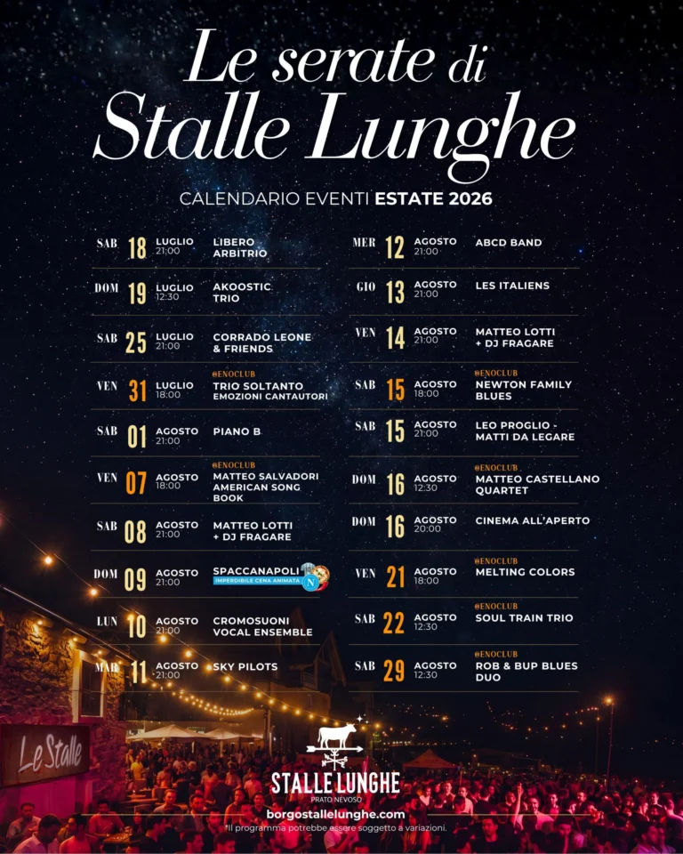 Locandina completa delle serate Stalle Lunghe estate 2026