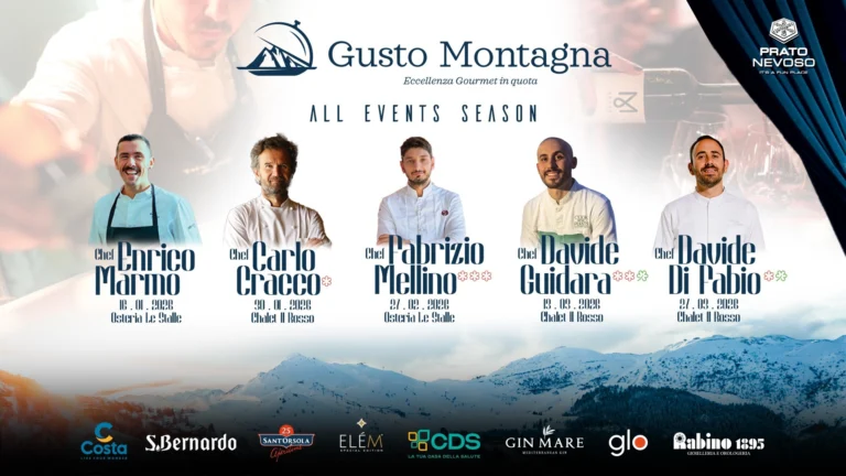 Locandina finale di Gusto Montagna 2026: ritratti dei cinque chef, date, luoghi e sponsor dell’edizione