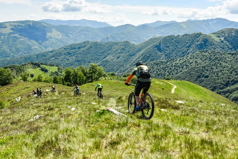 Un gruppo in e-bike scende tra i prati, davanti a un ampio panorama di montagne e boschi