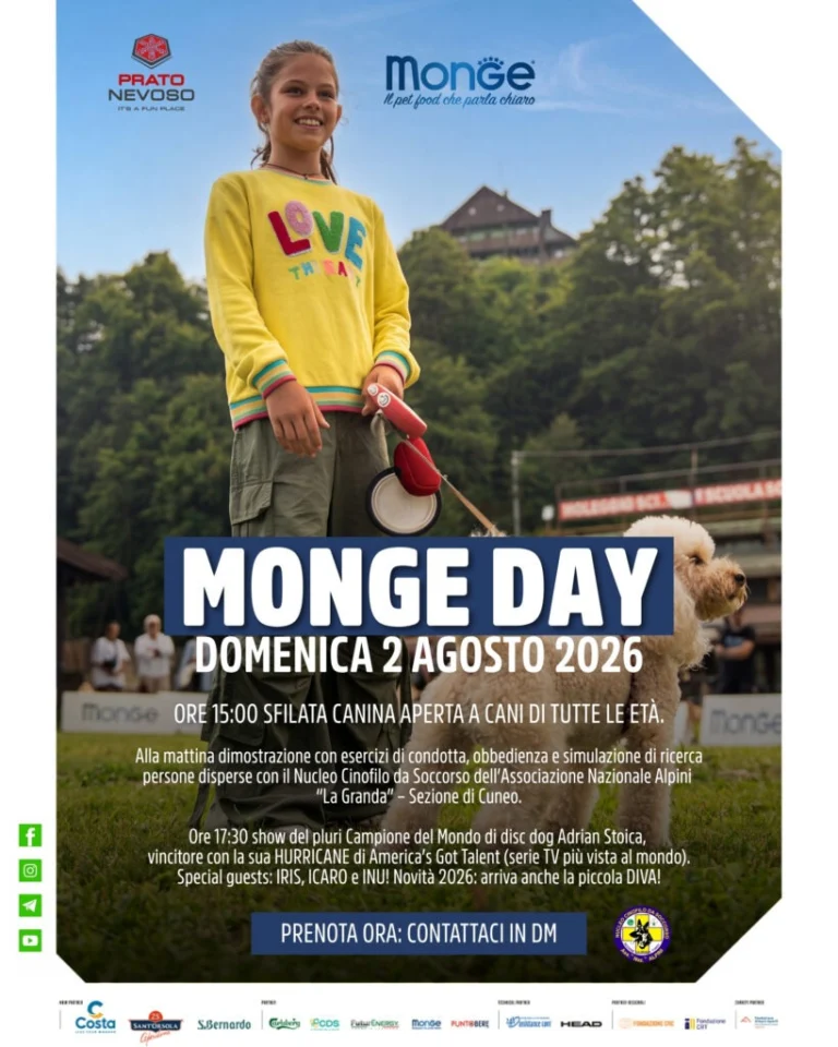 Locandina Monge Day del 2 agosto 2026, con bambina e cane, programma completo e loghi dell’edizione