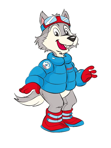 Asso, il lupetto mascotte del Village, con piumino blu, occhiali da neve e scarponi rossi
