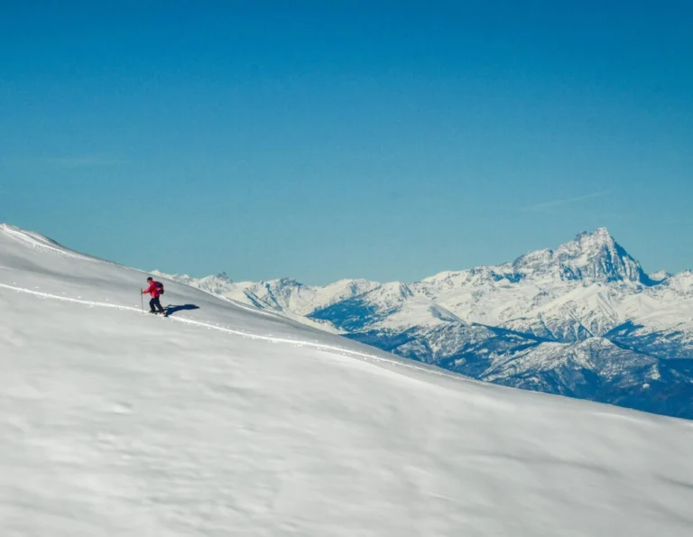 Uno scialpinista sale con le pelli su un pendio innevato; sullo sfondo le Alpi e il cielo terso