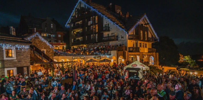 La folla e gli chalet illuminati di Stalle Lunghe durante una serata della sagra