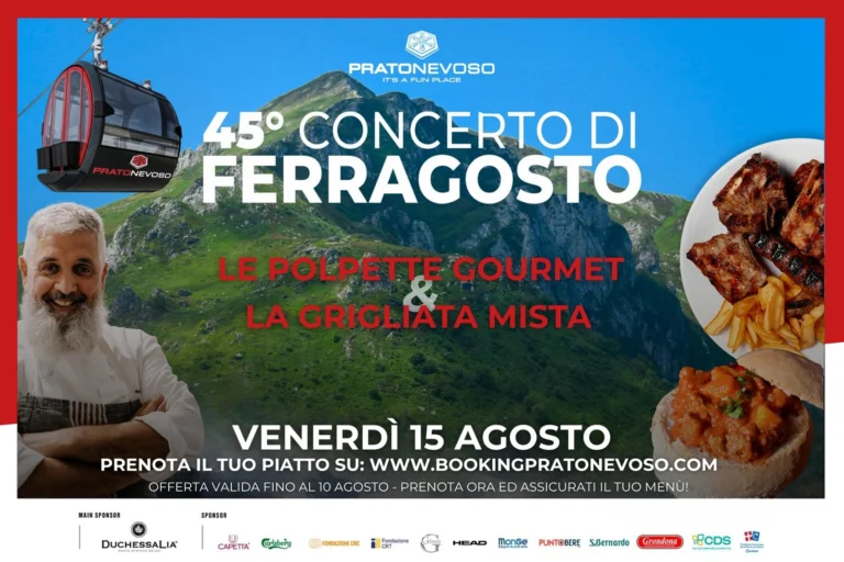 Locandina originale del 45° Concerto di Ferragosto del 15 agosto 2025, con le proposte gastronomiche storiche